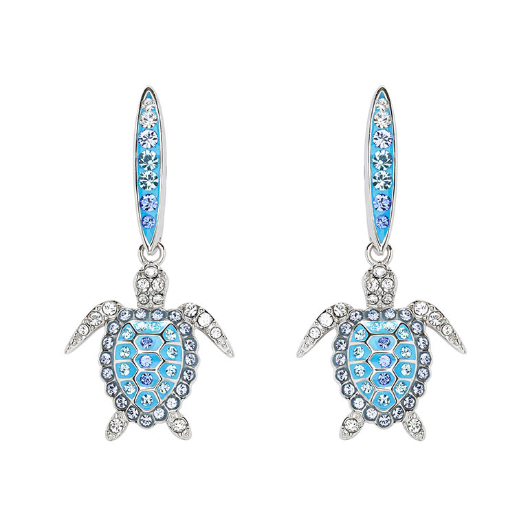 Sterling Silver Turtle Necklace with Aquamarine and White Crystals